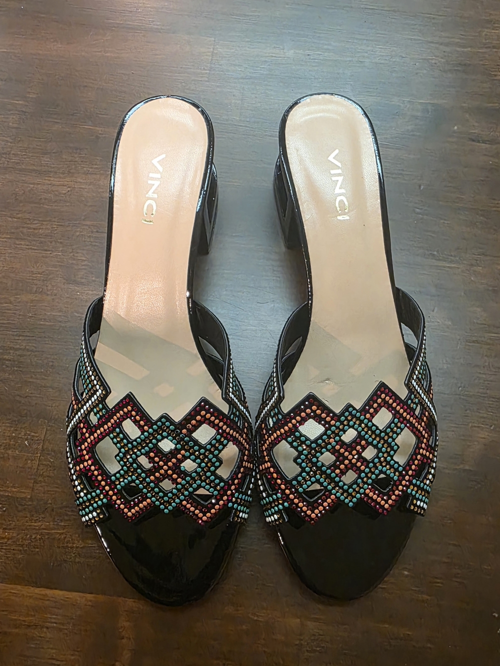 Authentic Vinci Beaded Sandal Heels – Multicolor Strap – Black Patent Leather